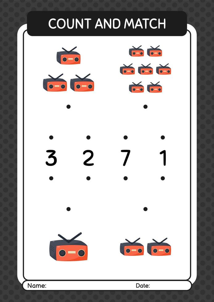 Count and match game with radio. worksheet for preschool kids, kids activity sheet vector