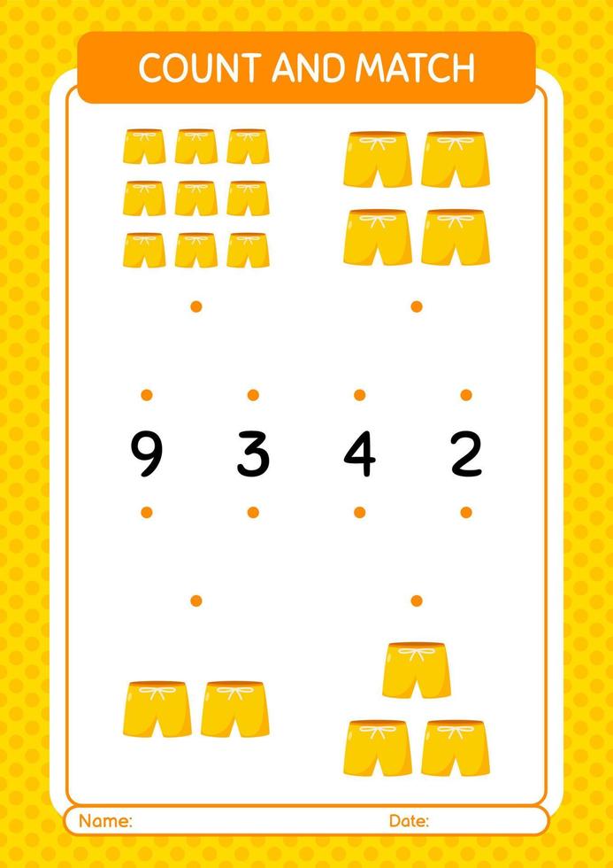 Count and match game with beach short. worksheet for preschool kids, kids activity sheet vector