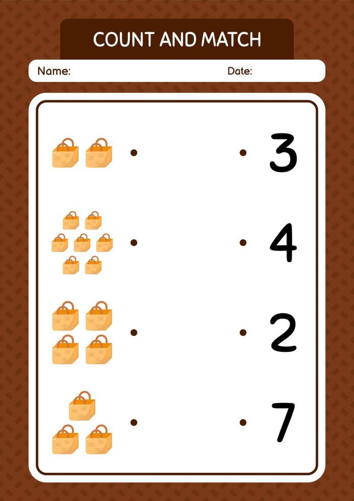 Count and match game with basket bag. worksheet for preschool kids, kids activity sheet vector