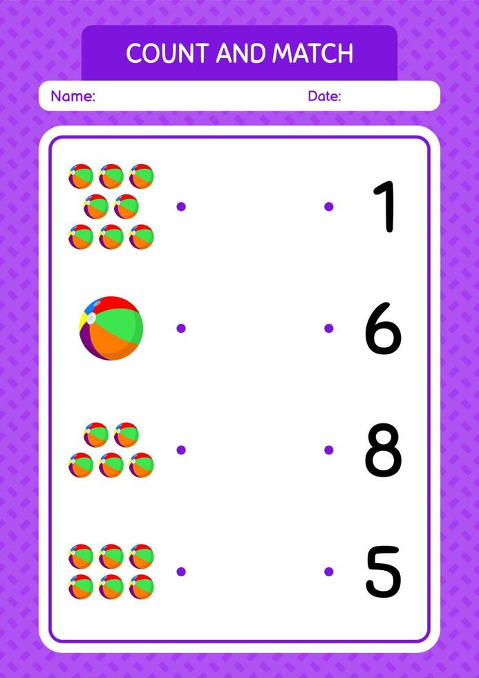 Count and match game with beach ball. worksheet for preschool kids, kids activity sheet vector