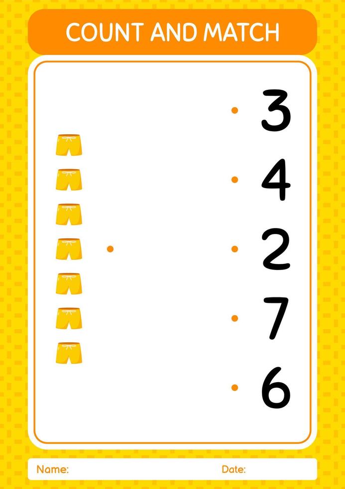 Count and match game with beach short. worksheet for preschool kids, kids activity sheet vector