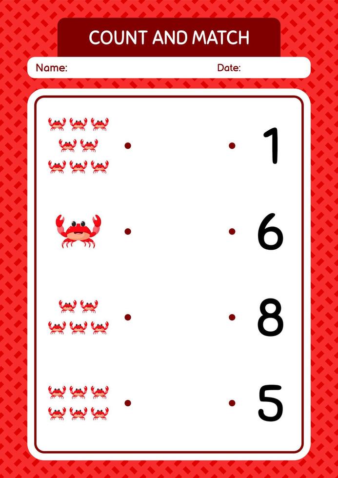 Count and match game with crab. worksheet for preschool kids, kids activity sheet vector