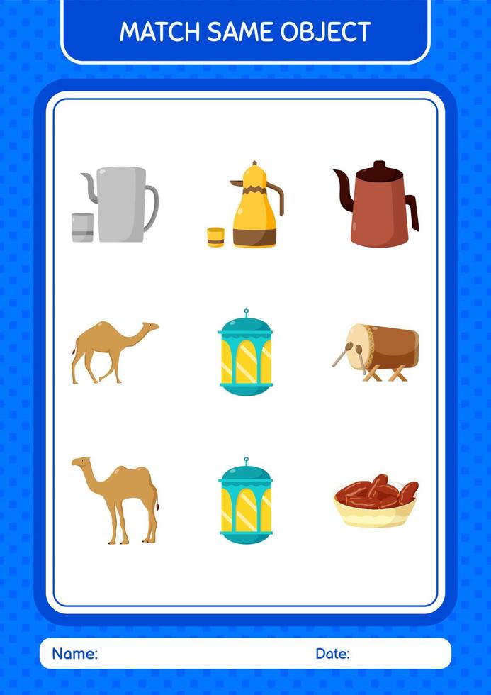 Match with same object game ramadan icon. worksheet for preschool kids, kids activity sheet vector