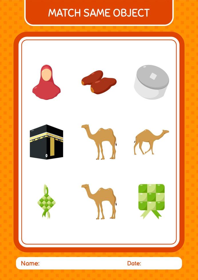 Match with same object game ramadan icon. worksheet for preschool kids, kids activity sheet vector