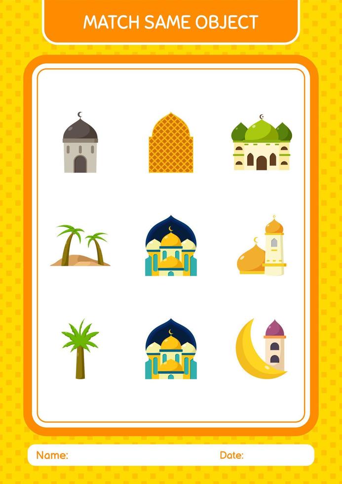 Match with same object game ramadan icon. worksheet for preschool kids, kids activity sheet vector