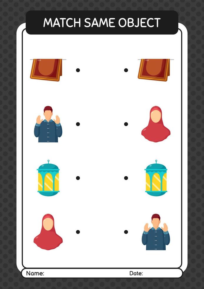 Match with same object game ramadan icon. worksheet for preschool kids, kids activity sheet vector