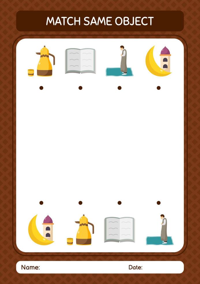 Match with same object game ramadan icon. worksheet for preschool kids, kids activity sheet vector