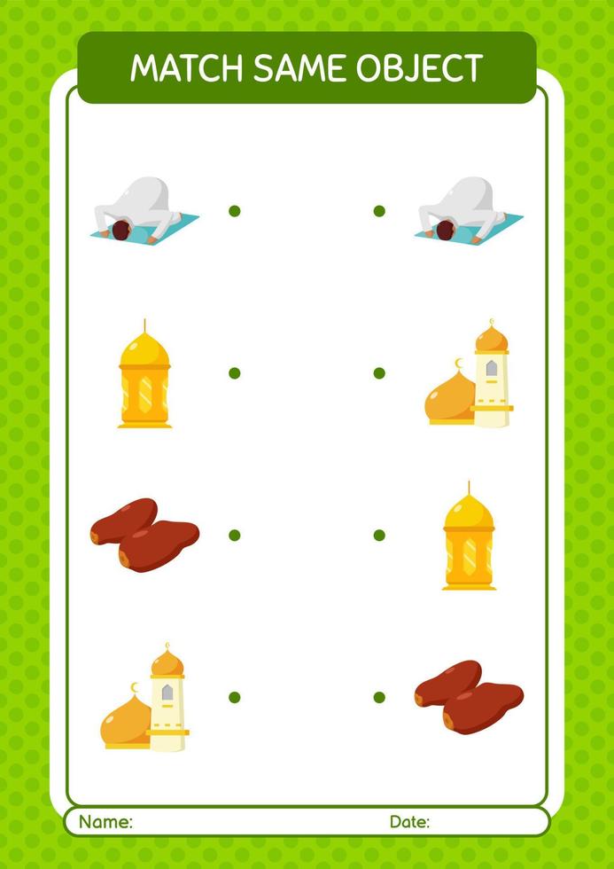 Match with same object game ramadan icon. worksheet for preschool kids, kids activity sheet vector