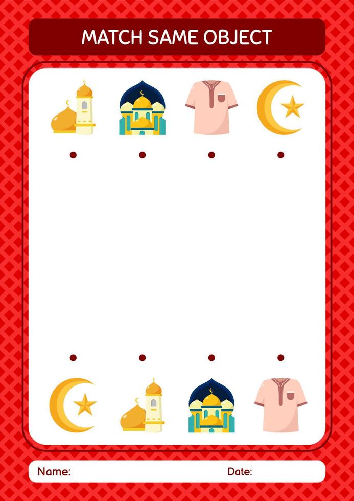 Match with same object game ramadan icon. worksheet for preschool kids, kids activity sheet vector