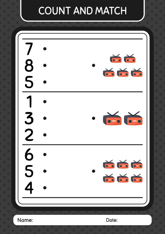 Count and match game with radio. worksheet for preschool kids, kids activity sheet vector