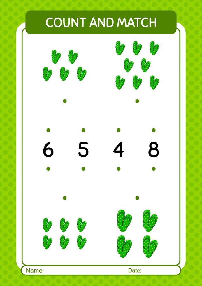 Count and match game with flip flop. worksheet for preschool kids, kids activity sheet vector