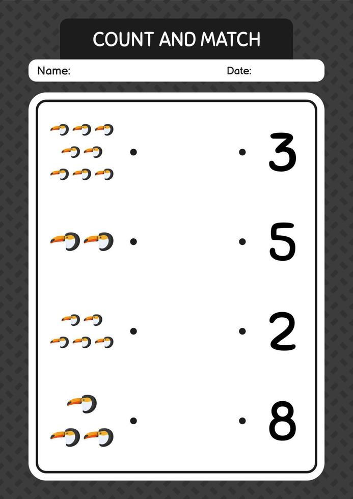 Count and match game with toucan. worksheet for preschool kids, kids activity sheet vector