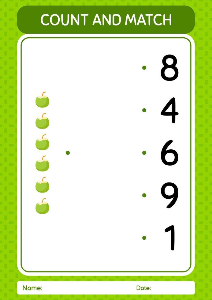 Count and match game with coconut. worksheet for preschool kids, kids activity sheet vector