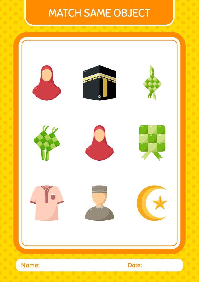 Match with same object game ramadan icon. worksheet for preschool kids, kids activity sheet vector