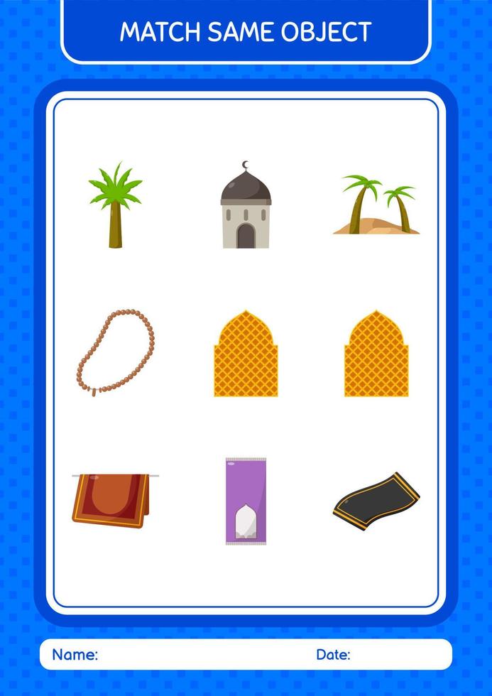 Match with same object game ramadan icon. worksheet for preschool kids, kids activity sheet vector