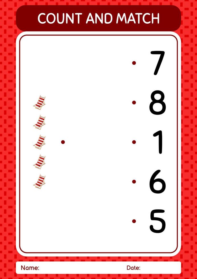 Count and match game with beach bench. worksheet for preschool kids, kids activity sheet vector