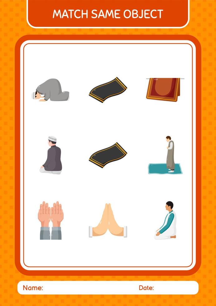 Match with same object game ramadan icon. worksheet for preschool kids, kids activity sheet vector