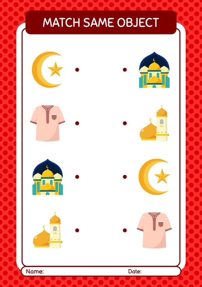 combinar con el mismo icono de Ramadán del juego de objetos. hoja de trabajo para niños en edad preescolar, hoja de actividades para niños vector