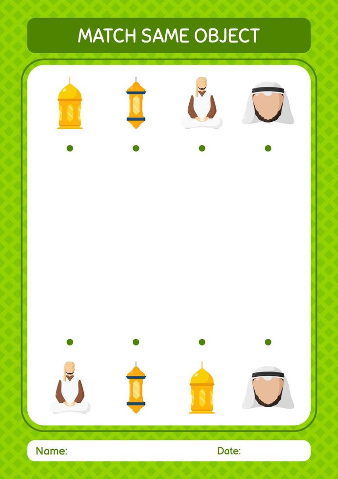 Match with same object game ramadan icon. worksheet for preschool kids, kids activity sheet vector
