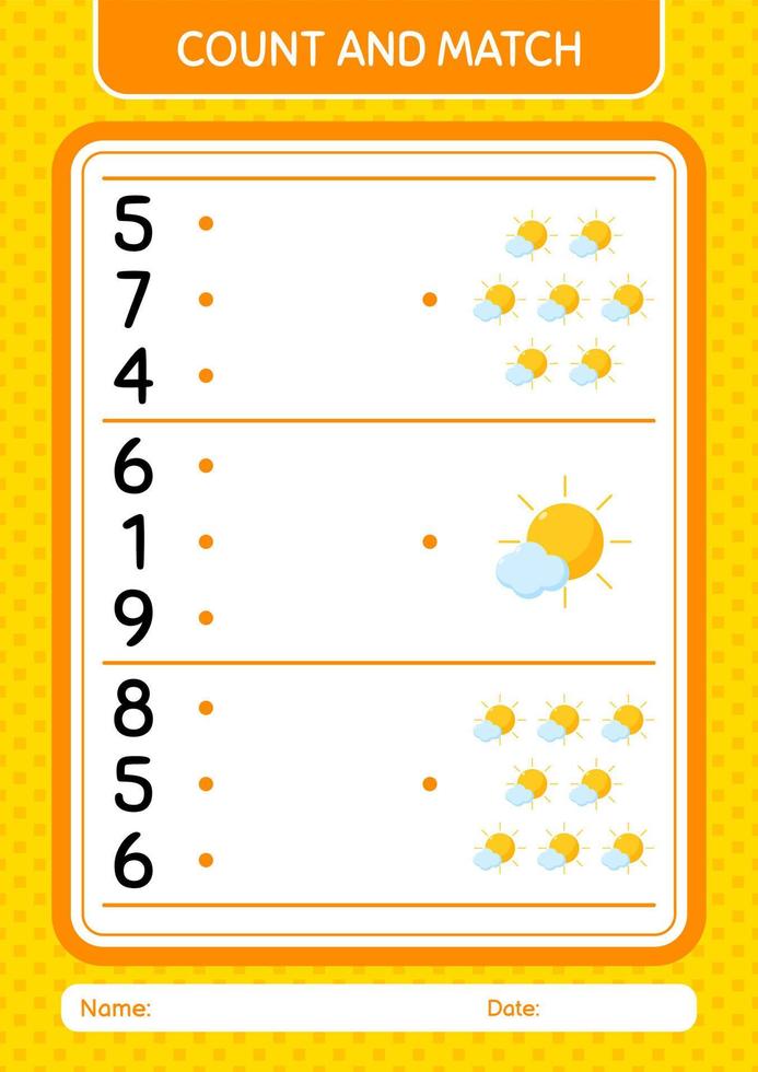 Count and match game with sun. worksheet for preschool kids, kids activity sheet vector