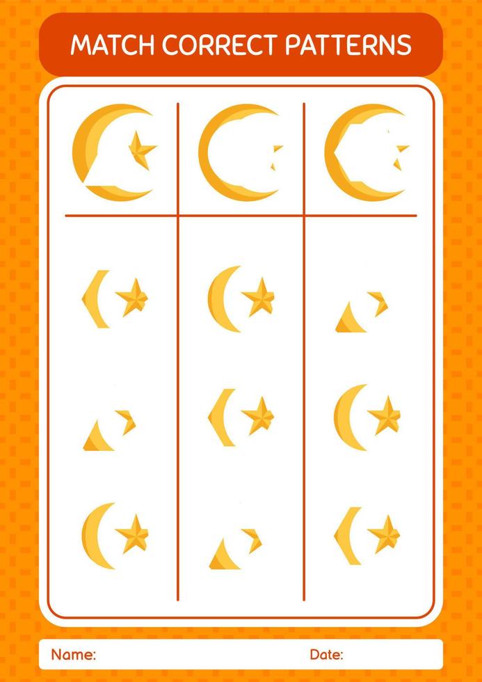 Match pattern game with moon and star. worksheet for preschool kids, kids activity sheet vector