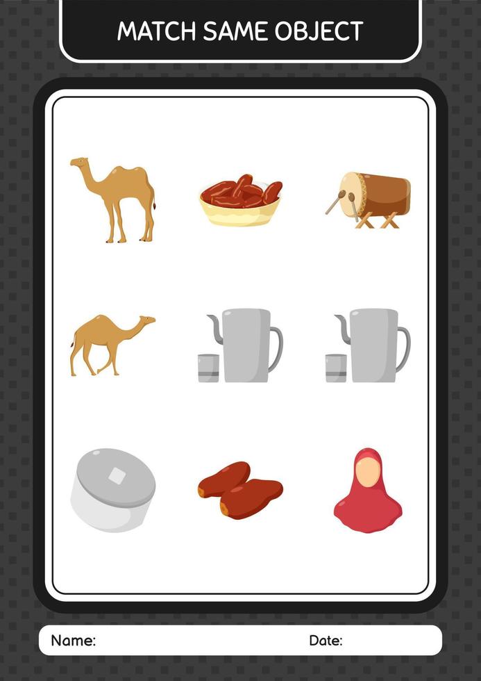 Match with same object game ramadan icon. worksheet for preschool kids, kids activity sheet vector