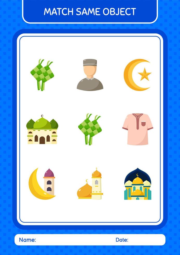 Match with same object game ramadan icon. worksheet for preschool kids, kids activity sheet vector