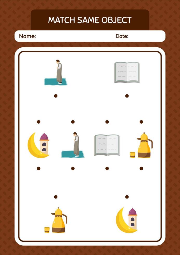 Match with same object game ramadan icon. worksheet for preschool kids, kids activity sheet vector