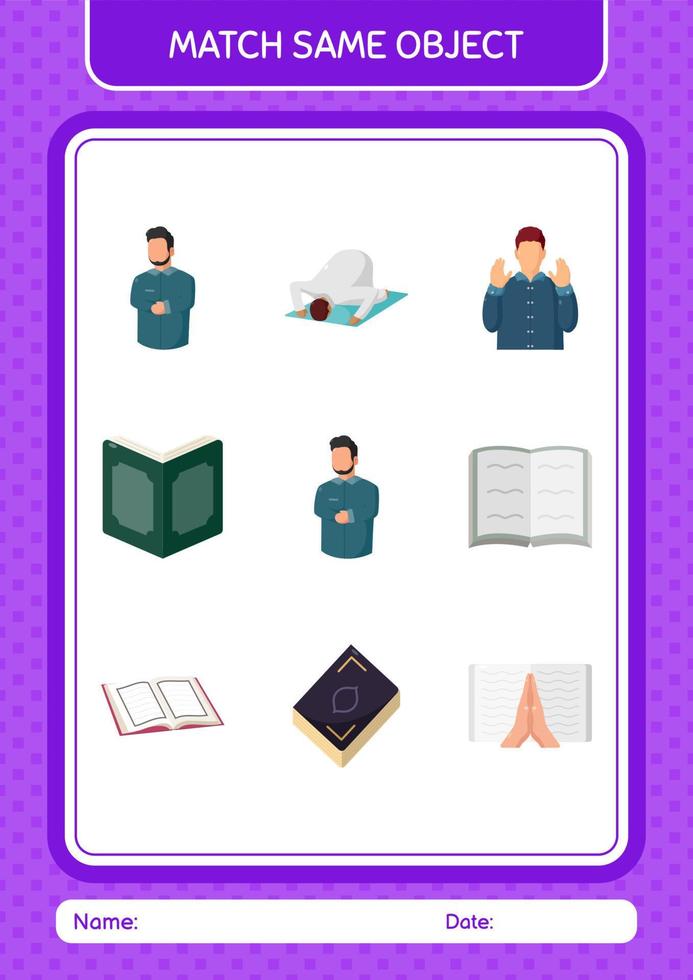 Match with same object game ramadan icon. worksheet for preschool kids, kids activity sheet vector