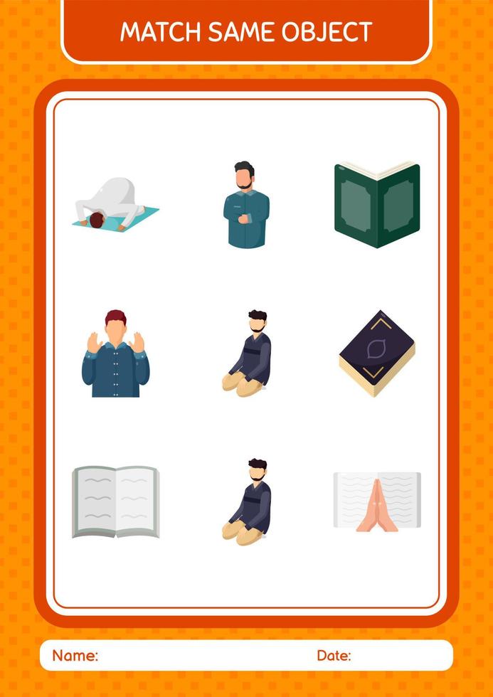 Match with same object game ramadan icon. worksheet for preschool kids, kids activity sheet vector