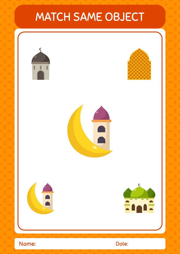 Match with same object game ramadan icon. worksheet for preschool kids, kids activity sheet vector