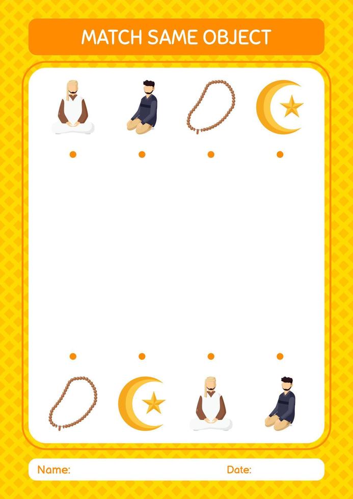 Match with same object game ramadan icon. worksheet for preschool kids, kids activity sheet vector
