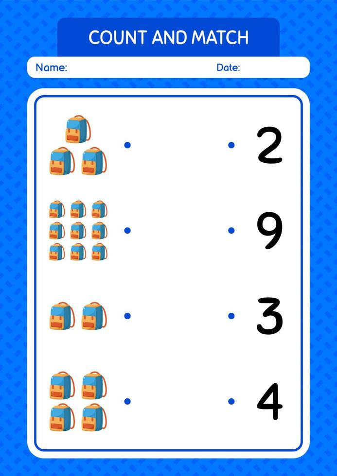 Count and match game with backpack. worksheet for preschool kids, kids activity sheet vector
