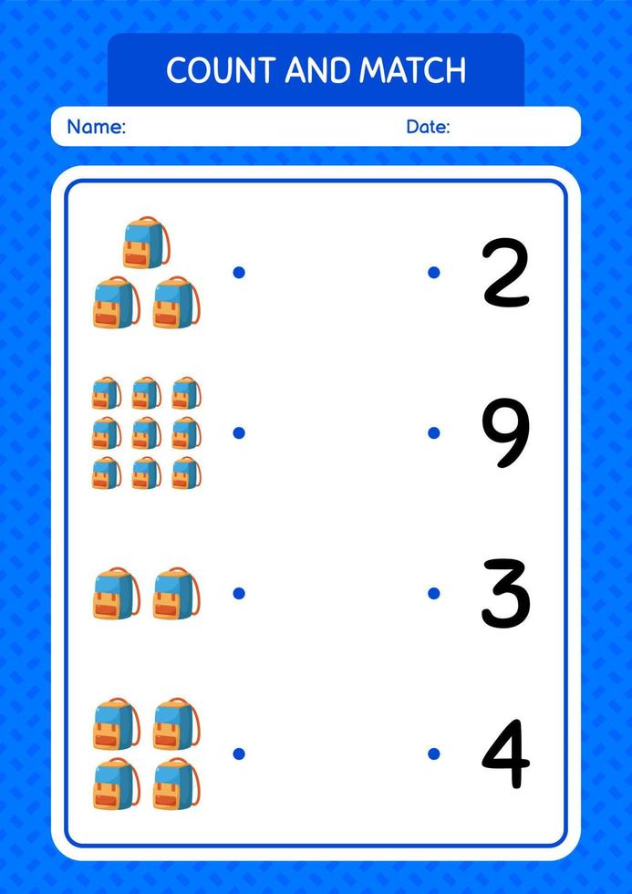 juego de contar y combinar con mochila. hoja de trabajo para niños en edad preescolar, hoja de actividades para niños vector