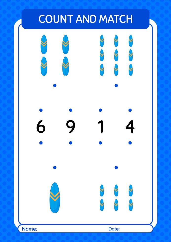 cuenta y combina el juego con la tabla de surf. hoja de trabajo para niños en edad preescolar, hoja de actividades para niños vector