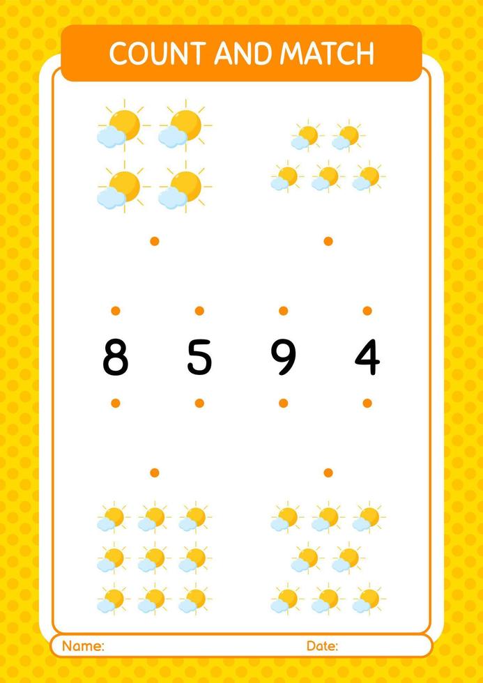 Count and match game with sun. worksheet for preschool kids, kids activity sheet vector