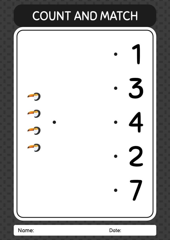 Count and match game with toucan. worksheet for preschool kids, kids activity sheet vector