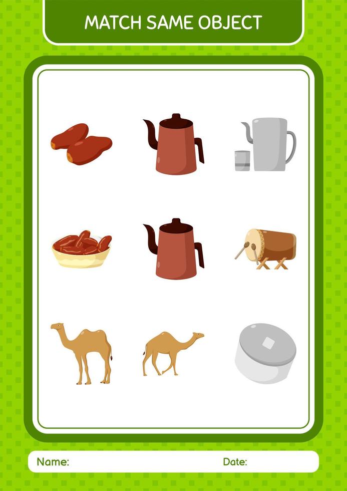 Match with same object game ramadan icon. worksheet for preschool kids, kids activity sheet vector