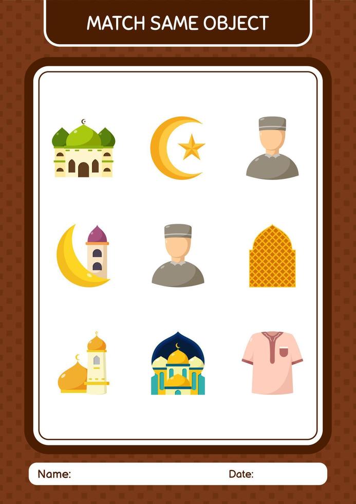 Match with same object game ramadan icon. worksheet for preschool kids, kids activity sheet vector