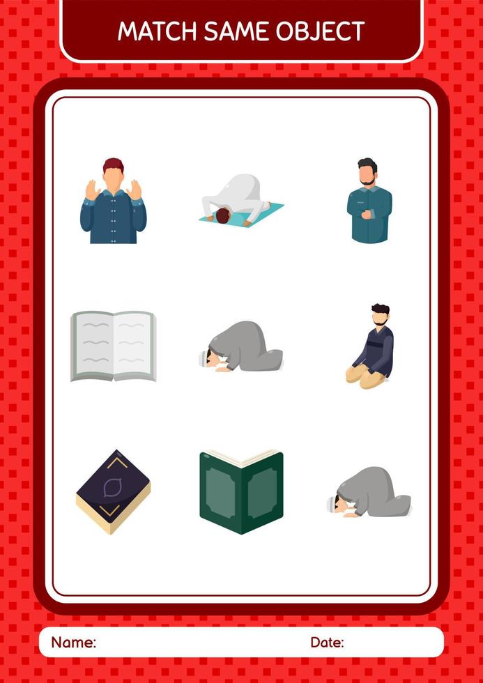 Match with same object game ramadan icon. worksheet for preschool kids, kids activity sheet vector