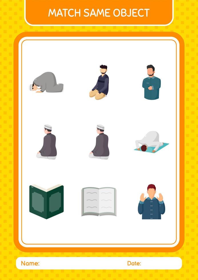 combinar con el mismo icono de Ramadán del juego de objetos. hoja de trabajo para niños en edad preescolar, hoja de actividades para niños vector