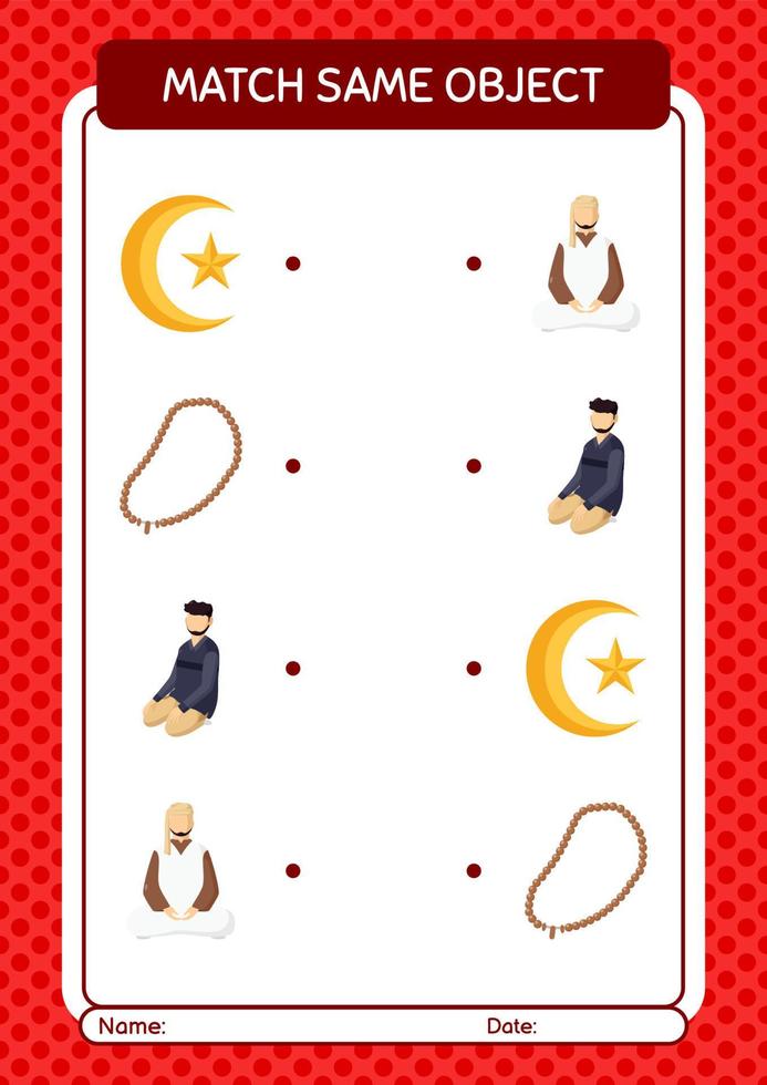 Match with same object game ramadan icon. worksheet for preschool kids, kids activity sheet vector