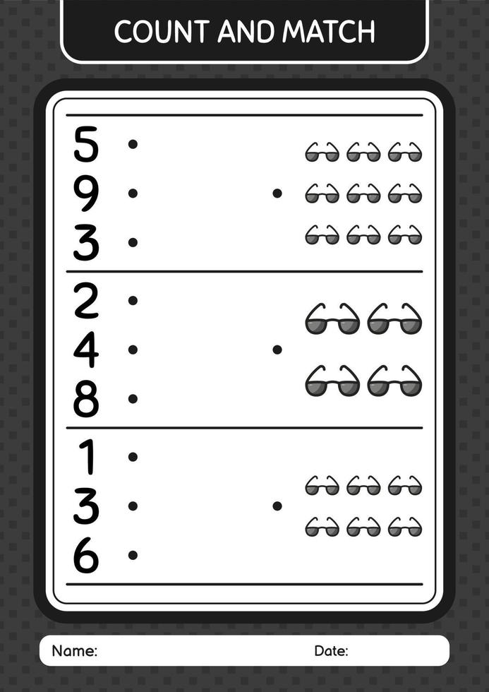 Count and match game with sunglasses. worksheet for preschool kids, kids activity sheet vector