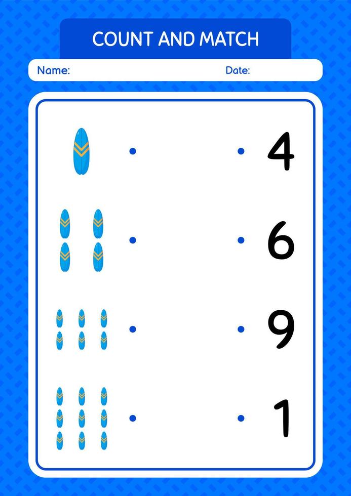 Count and match game with surfboard. worksheet for preschool kids, kids activity sheet vector