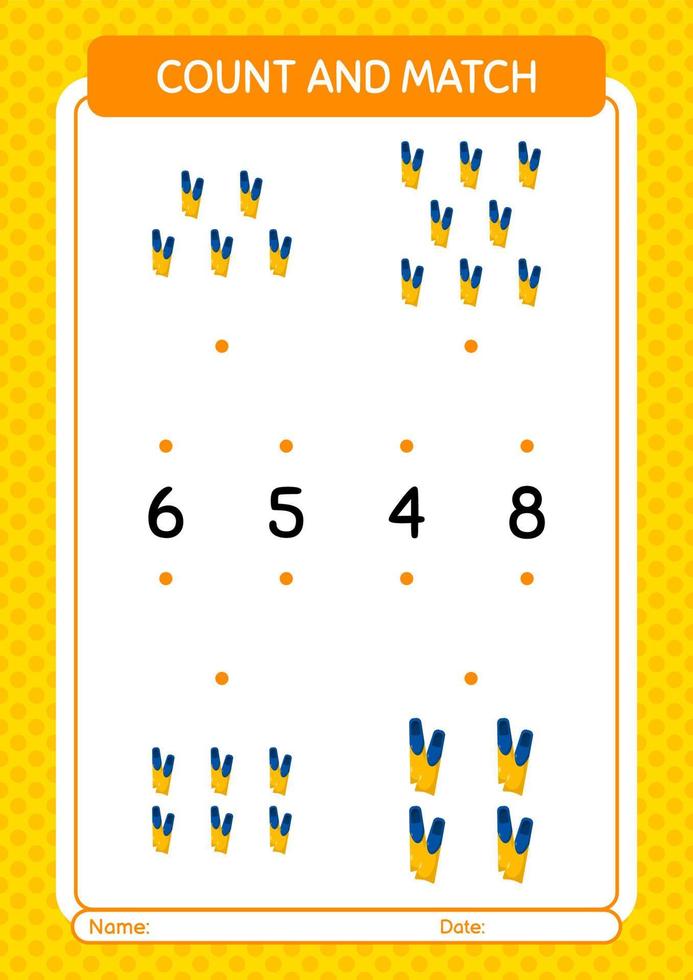 Count and match game with swimming fins. worksheet for preschool kids, kids activity sheet vector