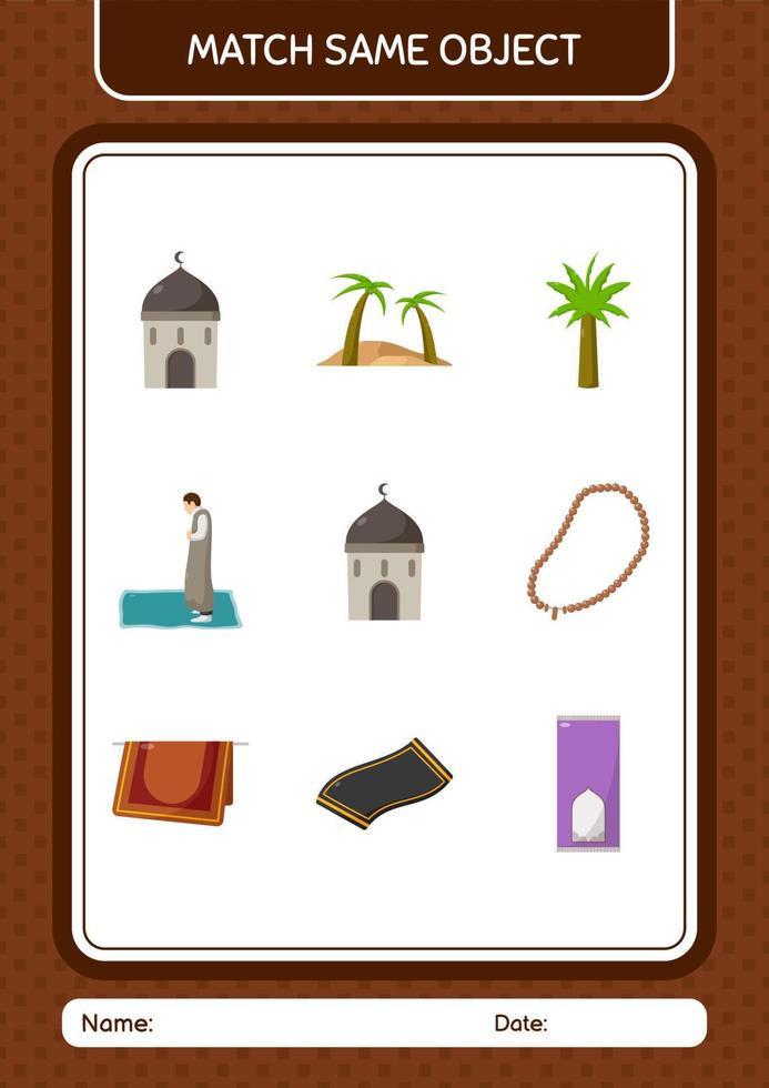 Match with same object game ramadan icon. worksheet for preschool kids, kids activity sheet vector