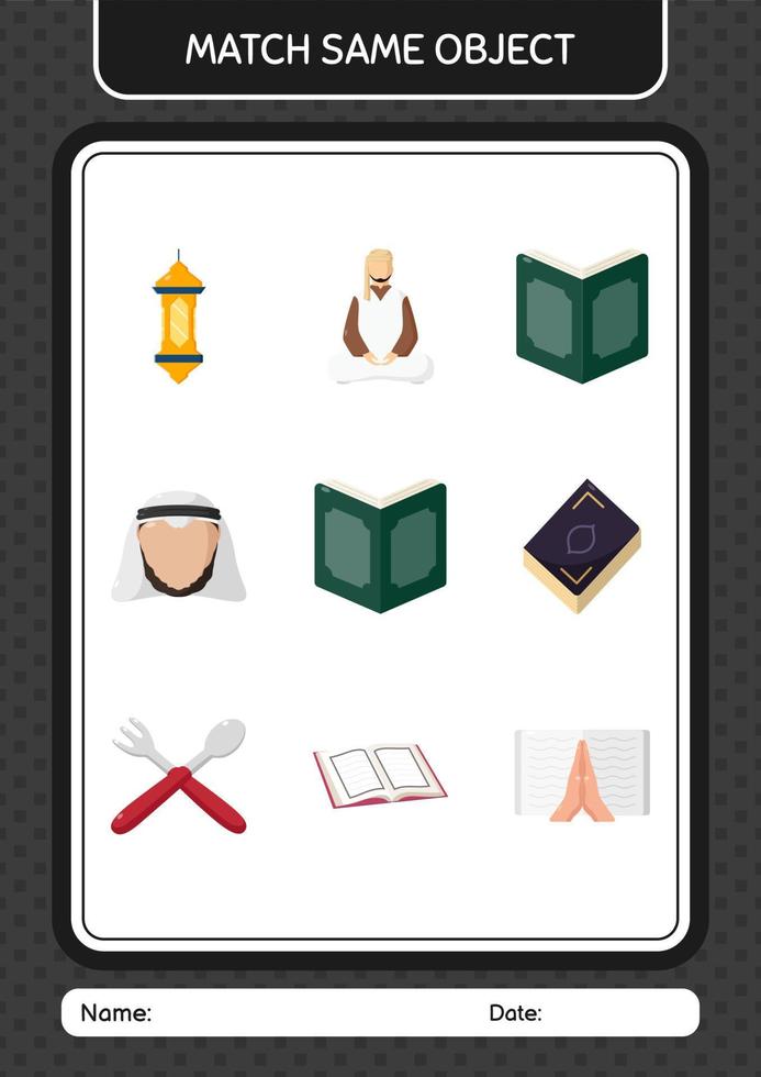 Match with same object game ramadan icon. worksheet for preschool kids, kids activity sheet vector