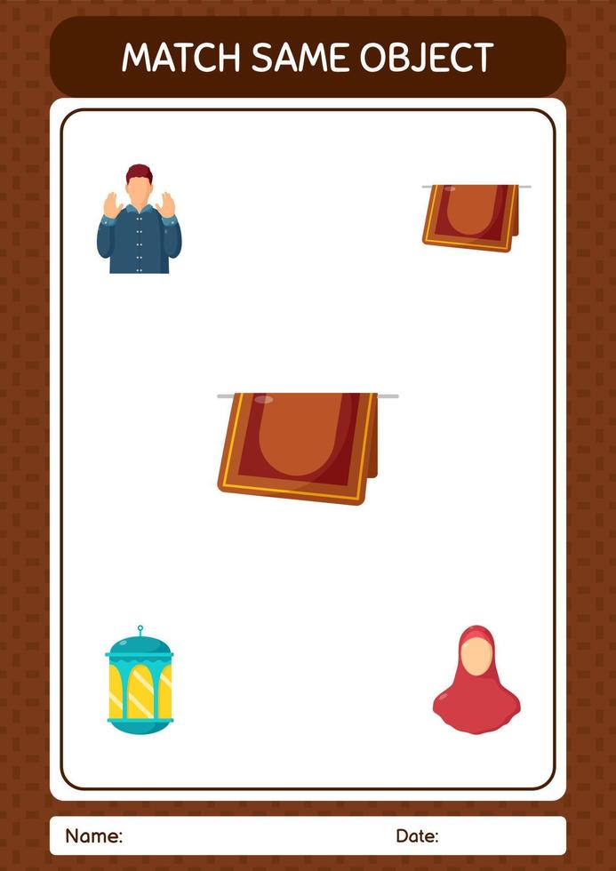 Match with same object game ramadan icon. worksheet for preschool kids, kids activity sheet vector