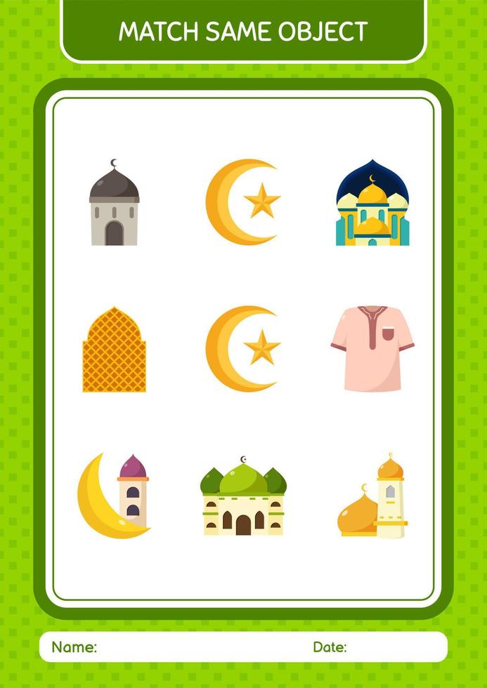 Match with same object game ramadan icon. worksheet for preschool kids, kids activity sheet vector