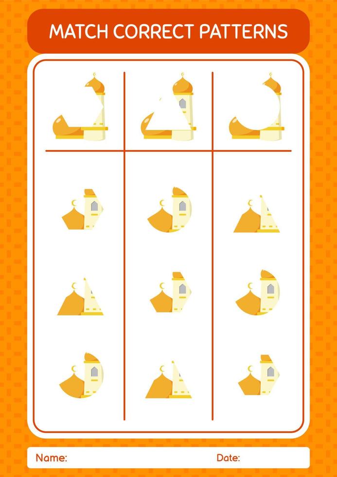 Match pattern game with mosque. worksheet for preschool kids, kids activity sheet vector